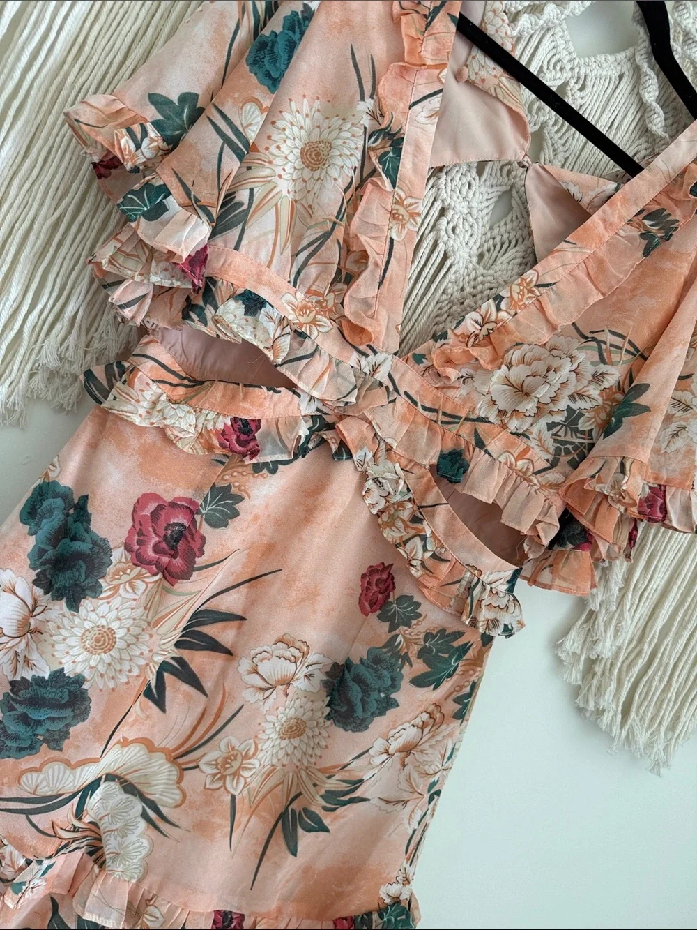 NWT Peach Floral Ruffle Wrap Dress - Picture 6 of 11
